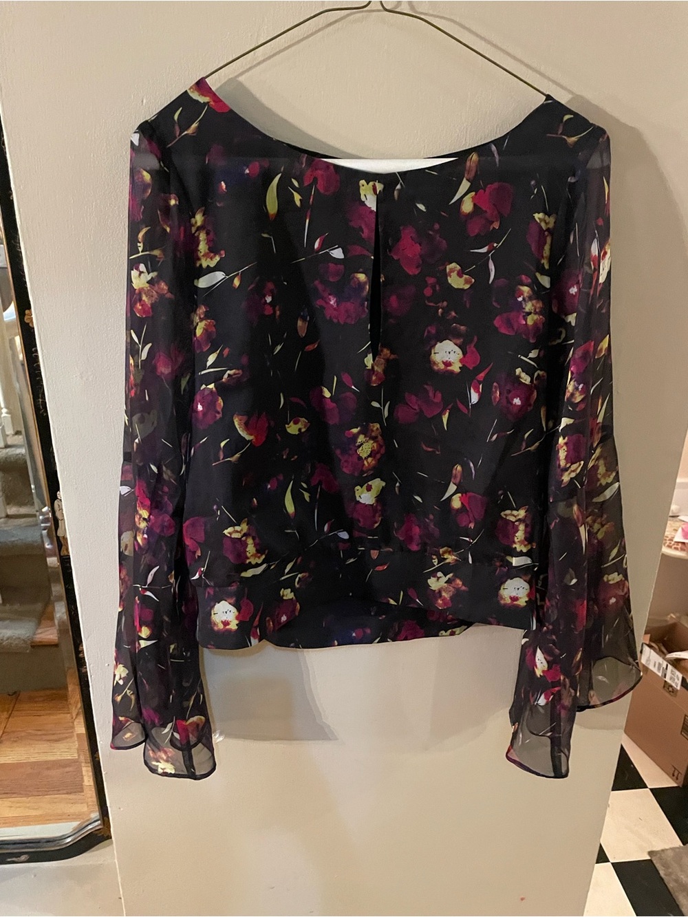 Bebe Floral Sheer Bell-Sleeve Blouse in Black and Purpld